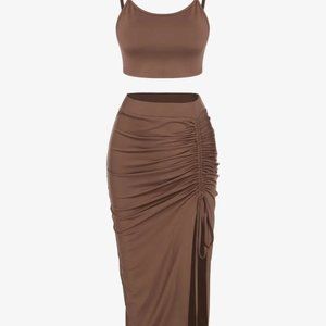 ZAFUL Cinched Split Ruched Two Piece Skirt Set - Deep Coffee L